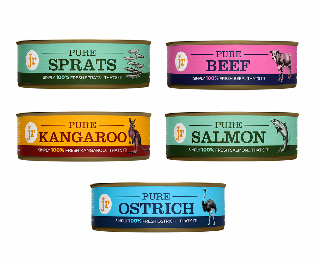 JR Pet Product 80g Topper Tins- Mixed Flavours- Fish, Beef, Ostrich & Kangaroo 100% Meat