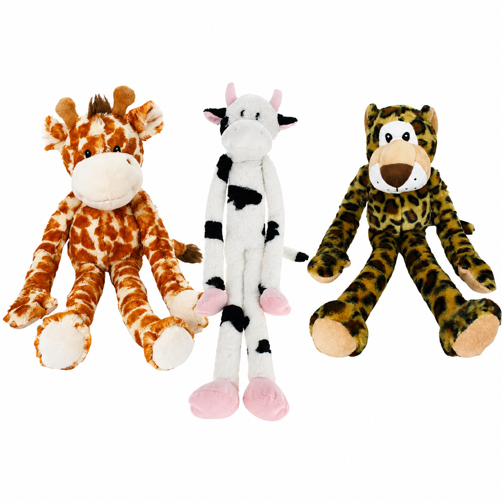Happy Pet Long Leg Plush Dog Toys- Cow, Giraffe or Snow Leopard