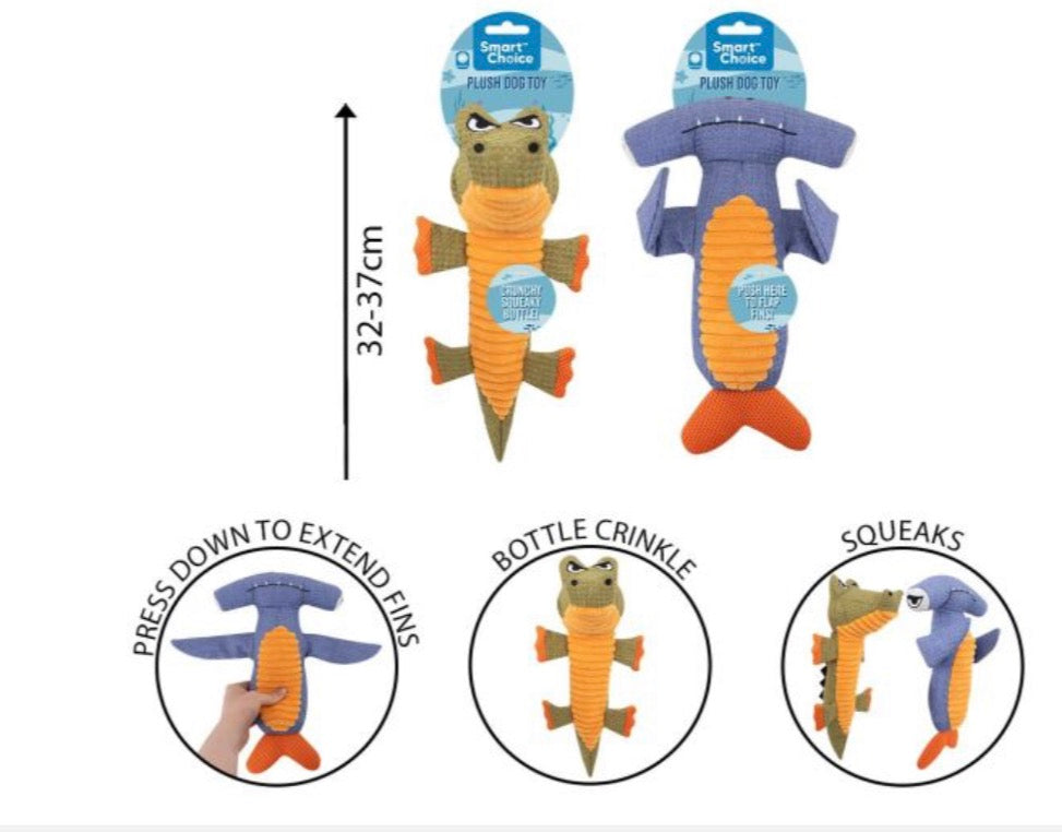 Bottle Crunch Crocodile & Wing Flip Hammerhead Shark Plush Dog Toy